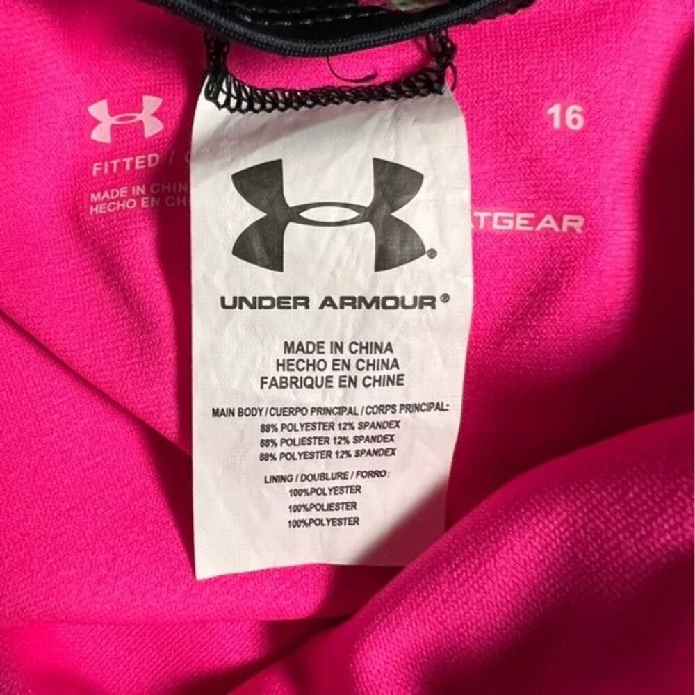 Under Armour One Piece Swimsuit Size 16 Black Hot Pink Modest Lined Graphic
